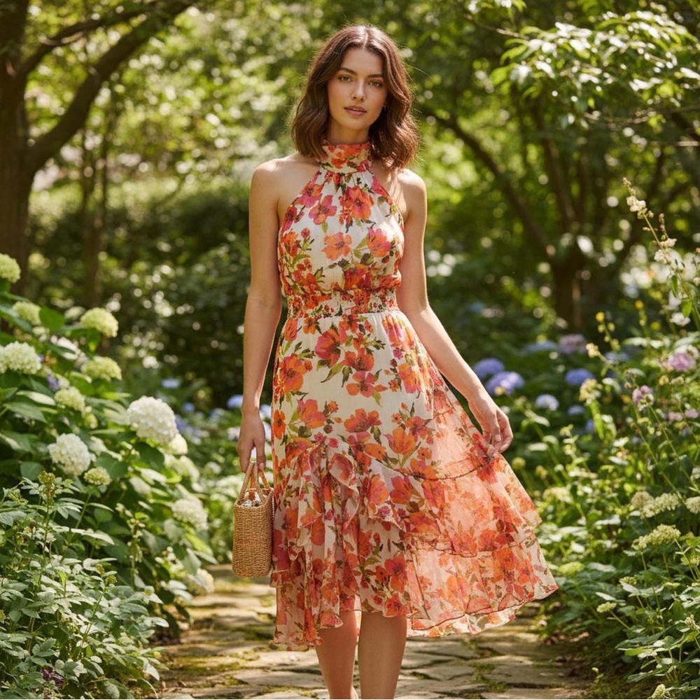 Misa Los Angeles Cream Halter Midi Dress with Coral and Orange Floral Print